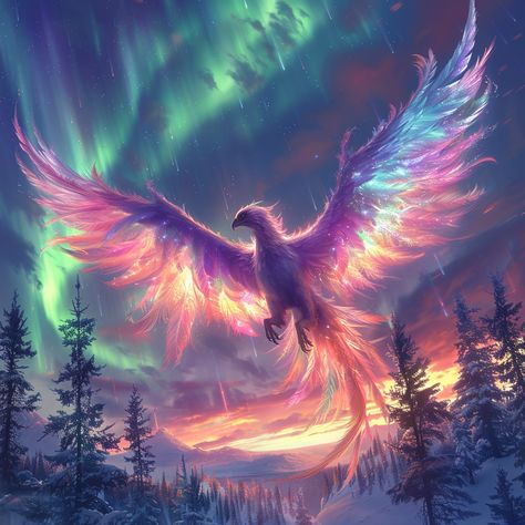 Soaring through the northern lights, this magnificent phoenix embodies the essence of rebirth and transformation, its vibrant feathers ablaze with the colors of the aurora. The night sky dances with hues of green, purple, and pink, casting an ethereal glow on the snow-covered landscape below. This scene captures the awe-inspiring power of nature and the mystical beauty of myth, blending seamlessly to create a breathtaking spectacle. Pink Phoenix Bird, Purple Phoenix Art, Phoenix Purple, Iridescent Bird, Bird Background, Phoenix Images, Pen Painting, Magical Horses, Cool Color Palette