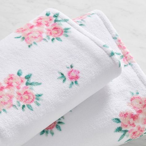 Make your bath routine extra special with this charming towel. Patterned with pink florals, the cotton terry velour feels incredibly soft on your skin when drying off. Designed exclusively for Pottery Barn Teen by lifestyle brand LoveShackFancy. DETAILS YOU'LL APPRECIATE By choosing our cotton products, you're supporting our investment in Better Cotton's mission. This product is sourced via mass balance and therefore may not contain Better Cotton. Learn more at bettercotton.org/massbalance. OEKO Lsf Aesthetic, Floral Towels, Bath Routine, Textile Manufacturing, Weight Machine, Pottery Barn Teen, Lifestyle Brand, Lifestyle Brands, Pottery Barn