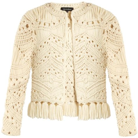 Tabula Rasa Tuva hand-macramé tassel-trim jacket ($447) ❤ liked on Polyvore featuring outerwear, jackets, cream, cream jacket, brown fringe jacket, shrug cardigan, tassel jacket and cream shrug Brown Fringe Jacket, Macrame Clothes, Tassel Jacket, Shrug Jacket, Cardigan Shrug, Bohemian Jackets, Makramee Diy, Brown Fringe, Macrame Dress