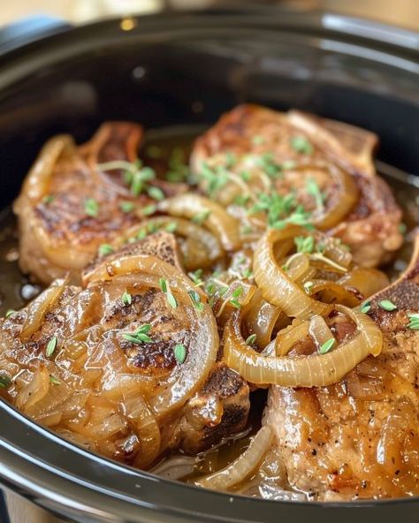 Superb! Everyone was obsessed with this dish! French Onion Soup Pork Chops Slow Cooker, Noble Pig Recipes, Crockpot Pork Chops And Potatoes Easy, Crockpot Potatoes And Pork Chops, Pork Chops Onion Soup Mix Lipton Crockpot, Slow Cooker Thick Pork Chops, Pork Sirloin Chops Recipes Slow Cooker, Country Style Pork Ribs With Gravy, Slow Cooker French Onion Pork Chops