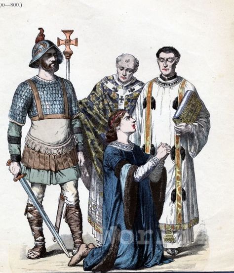 Carolingian fashion 8th - 10th century. Knight, Bishop, Priest and Burgess. Knight In Armor, Byzantine Fashion, High Middle Ages, Japanese Warrior, Early Middle Ages, Medieval Costume, Knight Armor, 11th Century, History Photos