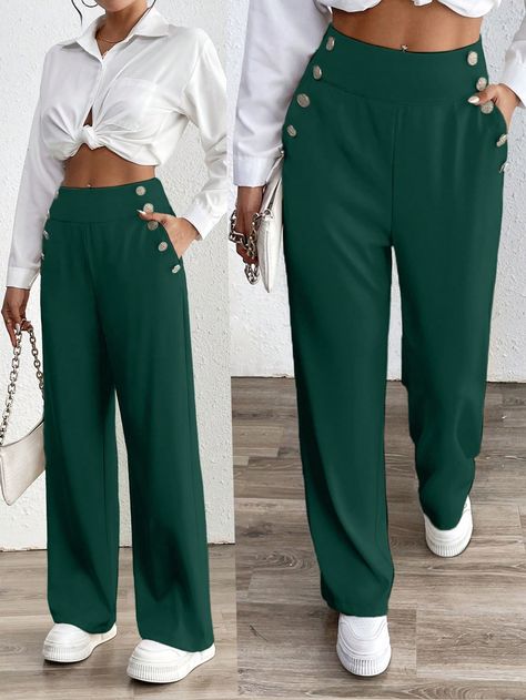 Women Button Waist Design With Pockets Straight Loose Pants Dark Green Casual   Woven Fabric Plain Straight Leg Non-Stretch  Women Clothing, size features are:Bust: ,Length: ,Sleeve Length: Dark Green Pants, Green Pants, Loose Pants, Pantalon Large, Inspiration Mode, Eos, Casual Pants, Womens Bottoms, Women Clothing