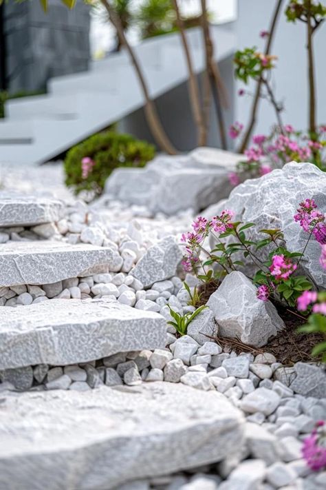 Stunning White Marble Rock Landscaping Ideas White Marble Rock Landscaping, Marble Rock Landscaping, White Stone Garden Ideas, White Rocks Landscaping, White Rocks Landscaping Ideas, White Landscaping Rock, Rocks Landscaping Ideas, White Gravel, White Rocks