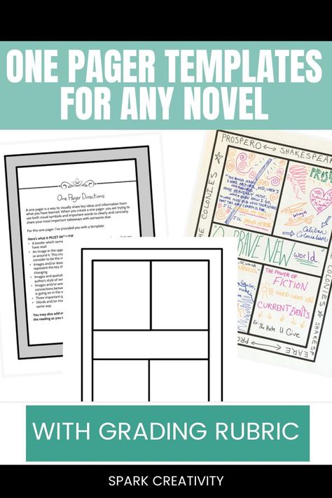 One-pagers combine drawings with text to make ideas come alive in students’ minds and memories. They're a perfect option for a quick and creative one-pager template and assessment with whole-class novels, literature circles, or choice reading. Don't worry—there's a rubric so you can grade your one-pagers quickly and get home early for dinner.