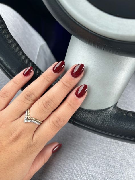 Burgundy Nails Oval Shape, Nail Color With Maroon Dress, Wine Red Round Nails, Maroon Almond Shaped Nails, Maroon Gel Nails Short, Cute Nails Fall Colors, Short Nail Designs Maroon, Short Almond Wine Red Nails, Short Almond Cherry Mocha Nails