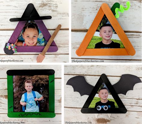 Halloween Craft Stick Photo Frames - The Keeper of the Cheerios Kindergarten Halloween Crafts, Popsicle Stick Picture Frame, Halloween Picture Frames, Halloween Fotos, Halloween Class Party, Halloween Infantil, Halloween Crafts Preschool, Halloween Kindergarten, Picture Frame Crafts