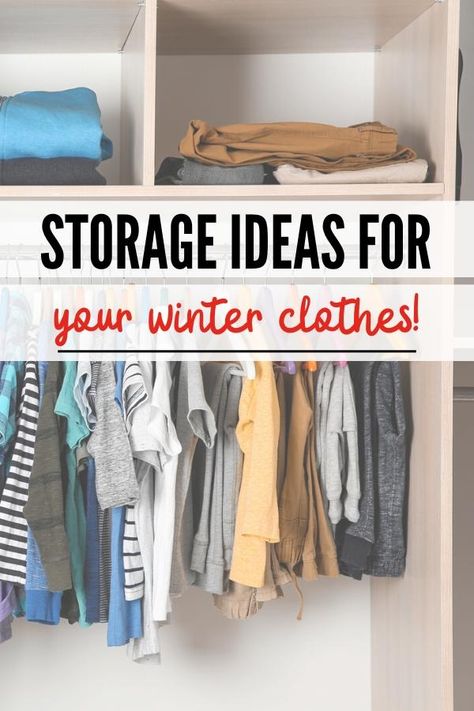 Handy clothing storage ideas to help you put away bulky winter clothes and take back your space. Great winter clothing storage ideas & tips. Storing Off Season Clothing, Winter Storage Ideas, Summer Clothes Storage Ideas, Off Season Clothes Storage Ideas, Bulky Clothes Storage, Out Of Season Clothes Storage, Storing Sweaters, Winter Coat Storage Ideas, Store Winter Clothes