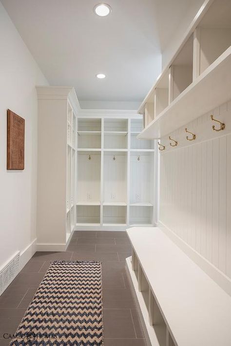 Mudroom with Beadboard Trim - Transitional - Laundry Room Galley Mudroom, Beadboard Mudroom, Mudroom And Laundry Room Combo, Beadboard Trim, Grey Slate Tile, Transitional Laundry Room, Slate Tile Floor, Brass Coat Hooks, Tiled Floor