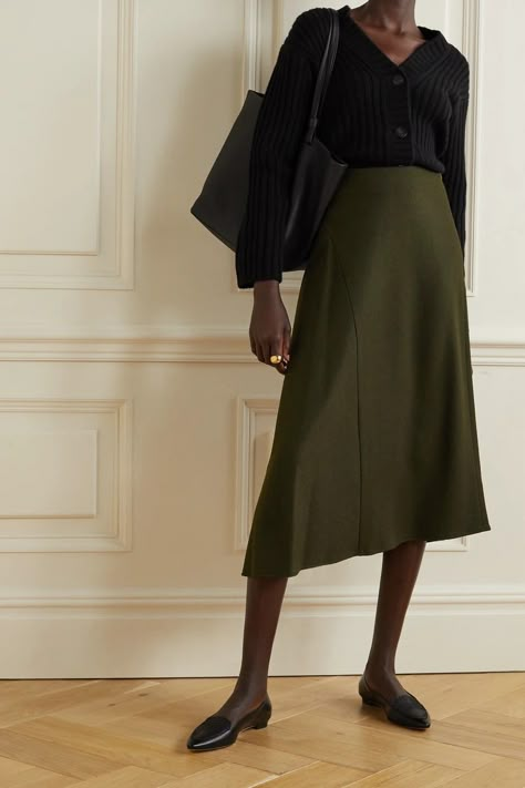 Green Midi Skirt Outfit, Green Dark Academia, Dark Academia Skirt, Midi Skirt Outfit Winter, Green Skirt Outfits, Skirt Outfit Winter, Green Midi Skirt, Vince Clothing, Designer Skirt