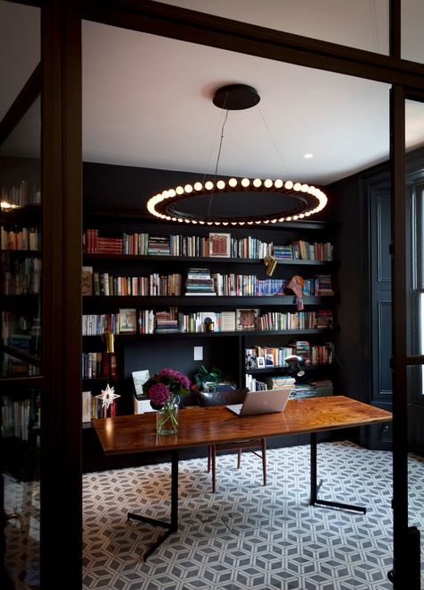 Home Library Design Ideas, Geometric Floor, Home Library Design, Dark Interiors, Modern Home Office, Home Library, Home Office Design, Black Walls, Top 50