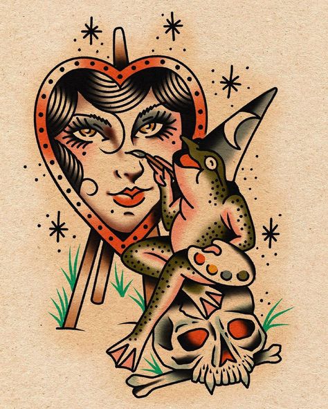 Frog Tattoos Traditional, American Traditional Frog Tattoo, Traditional Frog Tattoo, Weird American Traditional Tattoo, American Traditional Woman, Unique American Traditional Tattoo, Traditional Lady Tattoo Flash, Frog Traditonal Tattoo, Traditional Tattoo Drawings