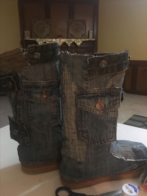 I am almost done with my DIY jean UGG boots. Inbox me for orders Diy Denim Boots Tutorials, Jean Ugg Boots Diy, Denim Uggs, Diy Old Boots Upcycle, Jean Boots, Trendy Denim Ankle-high Boots, Recreational Activities, Jeans Diy, Clothing Hacks