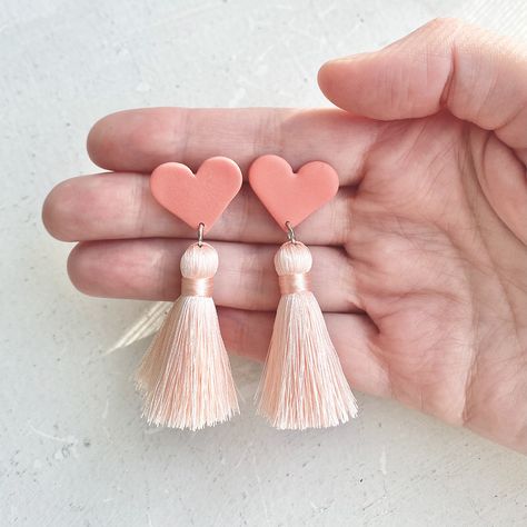 Polymer Clay Tassel Earrings, Polymer Clay Lip Earrings, Polymer Heart Earrings, Clay Earrings With Tassels, Mothers Day Clay Earrings, Pink Clay Earrings, Boho Valentine, Pink Heart Earrings, Valentines Earrings