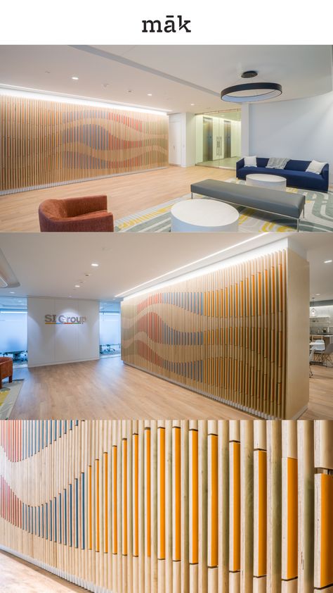 Check out this beautiful recent installation for SI Group here in Houston. Let us help bring your design idea to life! Library Feature Wall, Slat Wall Design Ideas, Lobby Design Office, Stairwell Design, Lobby Design Ideas, Drapery Wall, Public Library Design, Slat Walls, Donor Wall