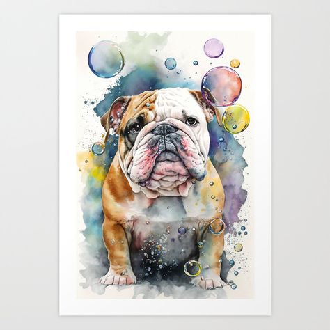 Cute Watercolor Dog with Bubble Surrounding - Bulldog Art Print by wongada63eb379d07473 Bulldog Paintings On Canvas, Bulldog Watercolor, Bulldog Painting, English Bulldog Art, Bulldog Drawing, Bulldog Art Print, Bulldog Artwork, French Bulldog Art, Dog Line Art