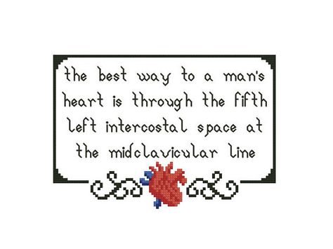 Best Way To A Man's Heart Cross Stitch Quote Anatomical Nurse Cross Stitch, Medical Cross Stitch, Anatomical Heart Cross Stitch, Dnd Generator, Funny Prompts, Medical Cross, Heart Cross Stitch, Needlepoint Ideas, Funny Embroidery