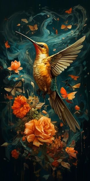 Una pintura de un colibrí con mariposas ... | Premium Photo #Freepik #photo #ilustraciones Kingfisher Painting, Classroom Entrance, Diamond Canvas, Hummingbird Art, Gems Art, Bird Artwork, Step By Step Painting, Arte Animal, Pretty Wallpapers Backgrounds