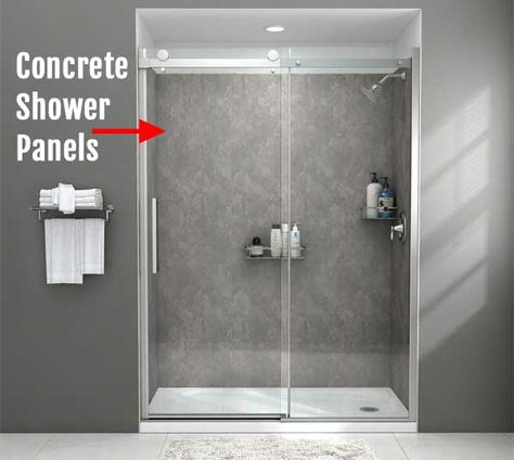 How to Install Faux Concrete Shower Panels in Your Bathroom, Plus Advantages Like Easy Cleaning, No Grout Lines & a Custom Designer Look Without the Cost... Acrylic Shower Walls, Concrete Shower, Industrial Showers, Dark Tile, Kitchens Design, Concrete Panel, Shower Wall Panels, Laminate Colours, Shower Walls