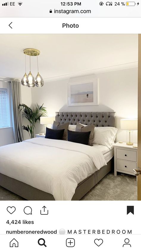 Room Decor With Grey Headboard, Spare Bedroom Minimalist, White Bedroom Grey Carpet, Grey Divan Bed Bedroom Ideas, Small Bedroom Ideas Grey Bed, Bedroom Decor Grey Bed Frame, Cosy Grey Bedroom, Grey Bed Frame Bedroom Ideas, Small White Bedrooms