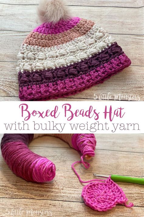 Crochet Hats With Bulky Yarn Free Pattern, O'go Yarn Crochet Patterns, Ogo Yarn Crochet Patterns, Crochet Hats Using Bulky Yarn, O Go Yarn Patterns, Bean Stitch Crochet Hat, Bulky 5 Yarn Crochet Hat, Soft Knit Acrylic Yarn Beanie Crochet Hat, Caron Colorama Crochet Patterns