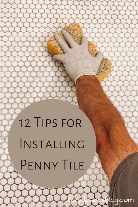 Grouting a white penny tile floor Penny Round Tiles Bathroom Floor, Penny Tile Bathtub, Penny Tile And Wallpaper, Coin Tile Bathroom, Penny Tile Behind Bathroom Mirror, Shower With Penny Tile Accent, Mosaic Penny Tile Floor, Penny Round Tile Backsplash, Penny Tile Tub Surround