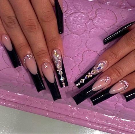 Black French Tip Nails With Bling, Cute Black Prom Nails, Black Square Nails With Rhinestones, Long Black Prom Nails, Black With Rhinestones Nails, Rhinestone Nails Black, All Black Acrylic Nails With Rhinestones, Black Nail Designs With Pearls, Black Long Nails With Gems