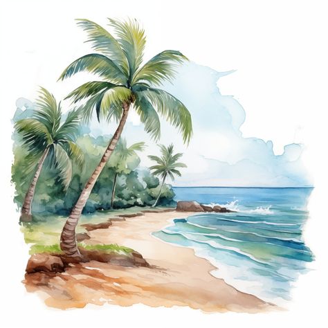 Beach Clipart, Landscape Images, Watercolor Clip Art, Beach Watercolor, Beach Landscape, Painting Lessons, Printable Image, Watercolor Cards, Tropical Beach