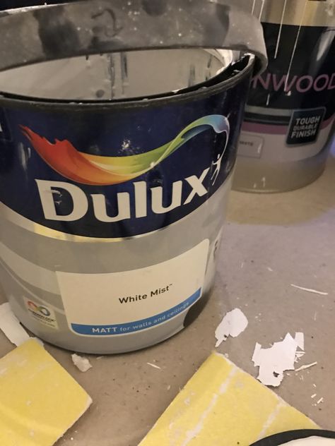 Dulux White Mist, Dulux White, Living Room Grey, Coffee Cans, Written By, Mist, Trash Can, Lounge, Paint