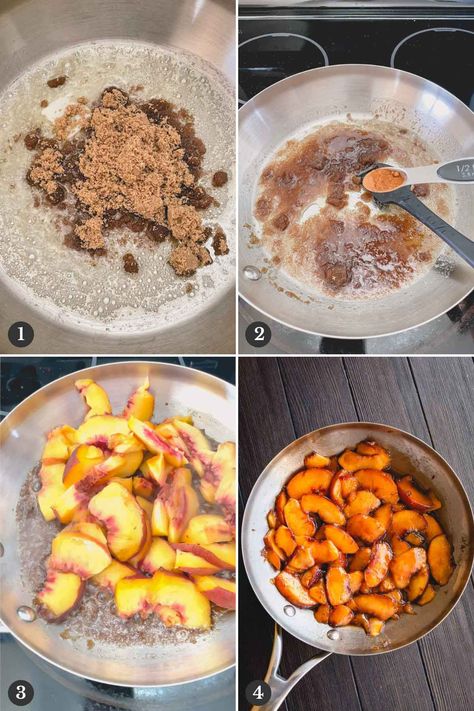 Carmelized Peaches Recipes, Cooked Peaches On Stove, Skillet Peaches, Sautéed Peaches, Fried Peaches, Peach Caramel, Peach Pancakes, Brown Sugar Peaches, Caramelized Peaches