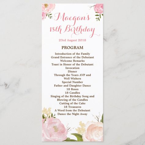 Romantic Watercolor Flowers Program - CUSTOM 18th Debut Ideas, 18th Birthday Debut, 18th Party Ideas, Roses Romantic, Debut Ideas, 50th Birthday Party Invitations, Zazzle Wedding, Invitation Calligraphy, Watercolor Peonies