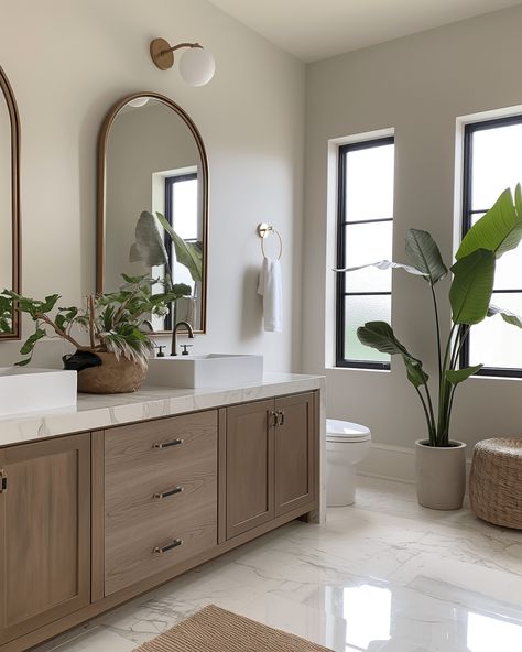 Master Bath Vanity Wall Ideas, Modern Farmhouse Ensuite Bathroom, Bathroom Inspo Master Bath, Farmhouse Interior Design Bathroom, Modern Farmhouse Coastal Bathroom, Bathroom Design Coastal, Modern Coastal Interior Design Bathroom, Organic Coastal Bathroom, Modern Costal House