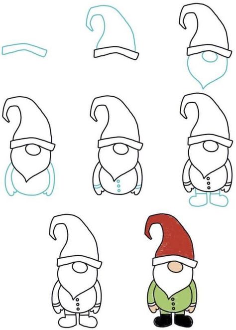 Gnome Easy Drawing, Gnome Doodles How To Draw, Xmas Drawing Ideas For Kids, Winter Drawings Simple, Draw Gnomes Simple, Gnome Drawing Simple Step By Step, Simple Christmas Pictures To Draw, Simple Gnome Drawing, Bujo Doodles Simple