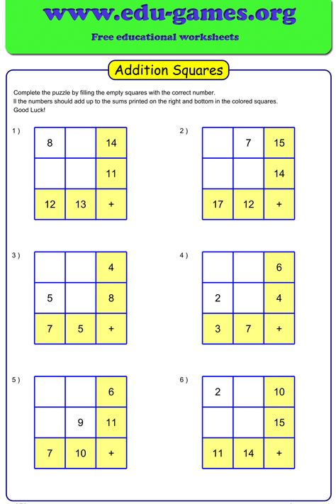 Addition Squares puzzles are a great way to practice adding skills combined with logical thinking. It is suiteable for grade 1 to 6. Math Puzzle For Grade 1, Logic Questions, Mental Math Tricks, Free Addition Worksheets, Cells Worksheet, Worksheets For Grade 3, Logical Reasoning, Prepositional Phrases, Combining Like Terms