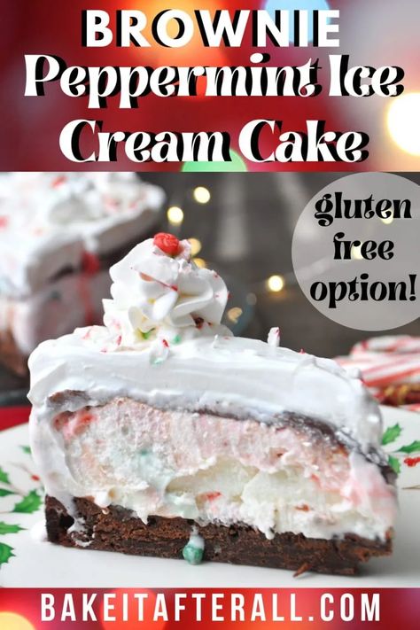 Brownie Peppermint Ice Cream Cake - You're Gonna Bake It After All Peppermint Ice Cream Dessert, Christmas Ice Cream Recipes, Christmas Ice Cream Desserts, Dq Ice Cream Cake, Peppermint Stick Ice Cream, Stick Ice Cream, Brownie Crust, Christmas Ice Cream Cake, Ice Cream Homemade