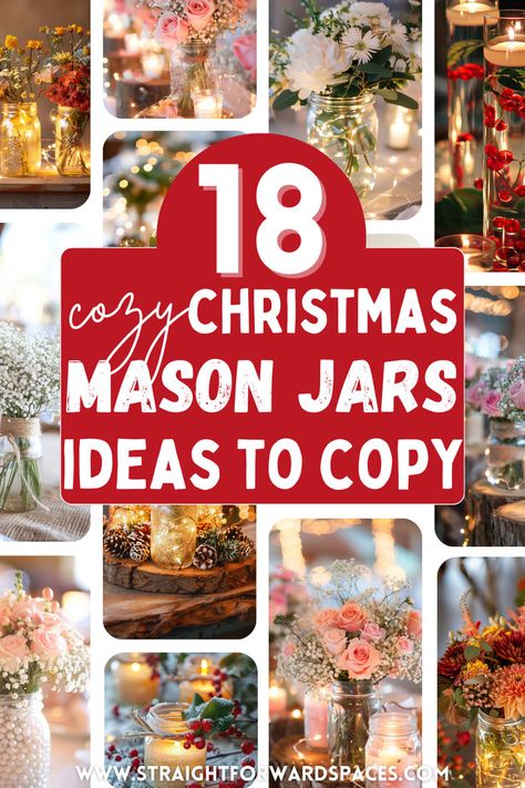 festive christmas mason jar centerpieces, with lighted and cozy elements for holiday table decor. Mason Jar Christmas Table Decor, Christmas Table Centerpieces Ideas Diy Mason Jars, Christmas Mason Jars Centerpieces, Rustic Color Wedding, Mason Jar Centerpieces For Christmas, Mason Jar Christmas Centerpieces, Table Decor With Candles, Jar Candles Wedding, Christmas Mason Jar Ideas