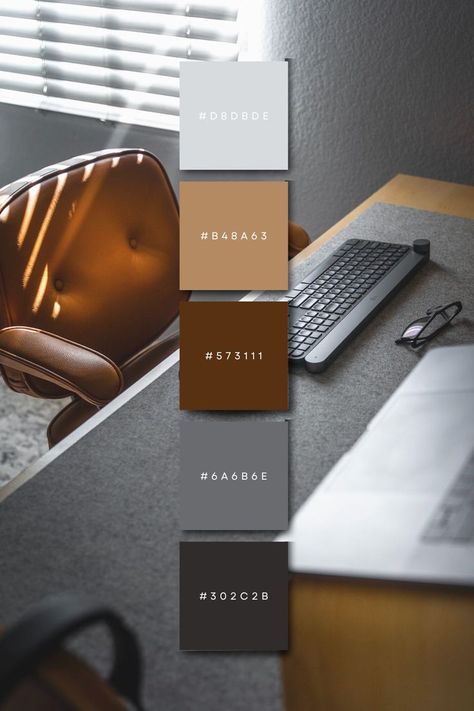 Browns And Grey Color Scheme, Color Scheme For Office Interiors, Color Schemes For Office Interiors, Home Decor Brown Tones, Office Interior Colour Schemes, Brown Pallete Color Living Rooms, Office Brown Aesthetic, Color Palette For Office Interiors, Color Pallete Home Design