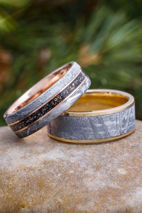 Matching Meteorite Wedding Ring Set for Couples Meteorite Wedding Ring, Meteorite Engagement Ring, Meteorite Wedding Rings, Meteorite Rings, Wood Engagement Ring, Meteorite Wedding Band, Handmade Wedding Band, Gibeon Meteorite, Meteorite Jewelry