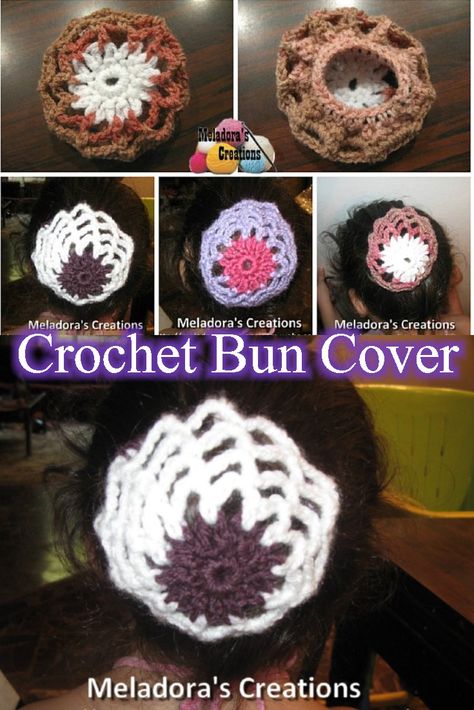 Your place to learn how to Make The Crocheted Hair Bun Cover for FREE. by Meladora's Creations - Free Crochet Patterns and Video Tutorials Crochet Bun Cover Pattern Free, Crochet Snoods, Hair Bun Cover, Crocheted Hair, Crochet Snood, Crochet Hairband, Crochet Headbands, Crochet Hair Clips, Bun Holder