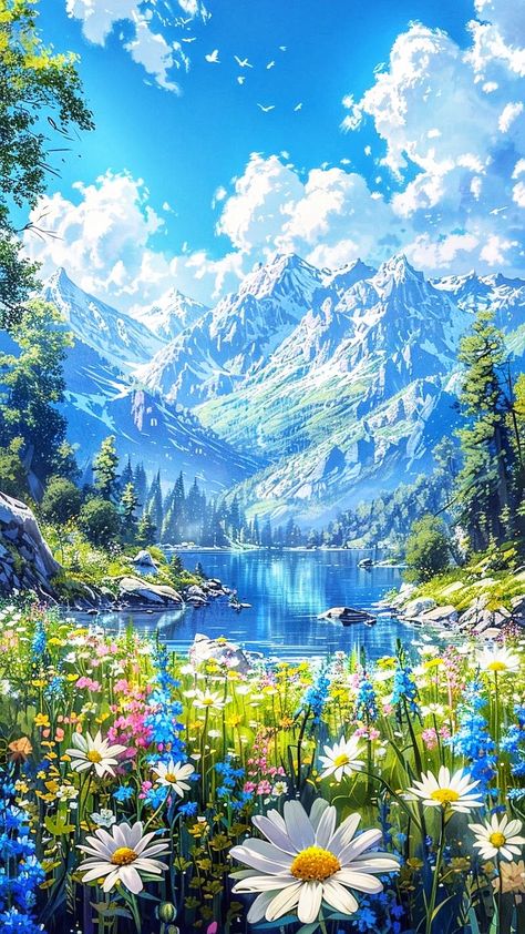 Fantasy Scenery Landscapes, Anime Nature Wallpaper, Flowers Hd Wallpapers, Dreamy Artwork, Hd Nature Wallpapers, Dreamy Landscapes, Japon Illustration, Pretty Landscapes, Art Gallery Wallpaper