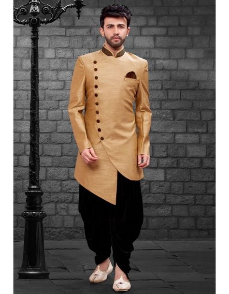 Golden Designer Indo Western Beige Kurta, Boys Kurta Design, Kurta Pajama Men, Stylish Men Wear, Groom Dress Men, Wedding Dresses Men Indian, Gents Kurta, Western Suits, Sherwani For Men