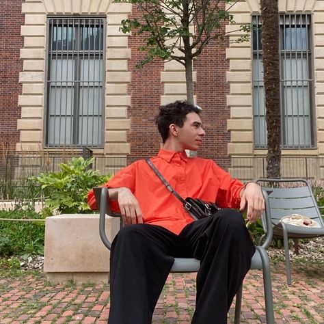 Orange oversize shirt and black trousers Orange Oversized Shirt Outfit, Orange Oversized Shirt, Oversized Shirt Outfit, Shirt Outfit Men, Oversize Shirt, Shirt Tucked In, Men Summer, Black Trousers, Oversized Shirt