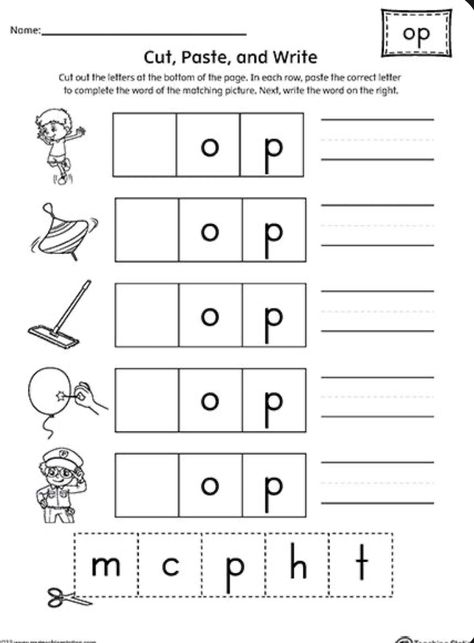 Op Word Family, Word Family Reading, Word Families Printables, Scissors Skills, Kindergarten Word Families, Family Worksheets, Ccvc Words, Nursery Worksheets, Worksheet Kindergarten