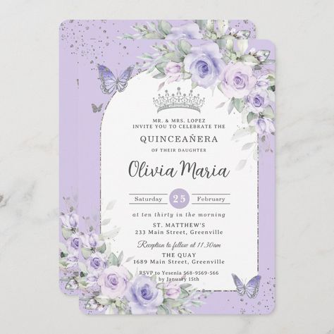 Lavender Quinceanera, Lavender Quince, Invitations Quinceanera, Quinceanera Nails, Quinceañera Invitation, Quinceañera Ideas, Quince Invitations, Butterfly Invitations, Silver Invitation