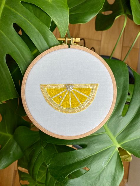 Yellow Gold Bedroom, Lemon Embroidery, Beaded Wall Hanging, Gold Bedroom, Lemon Wedge, Wooden Hoop, Coloured Glass, Shirt Embroidery, Sewing Art