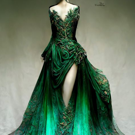 Emerald green gown with open/close leg slit. Emerald Fantasy Dress, Fantasy Cocktail Dress, Loki Inspired Dresses, Fantasy Dress Fairy, Dragon Inspired Dress, Earth Dress, Leaf Dress, Dragon Dress Fantasy Gowns, Dragon Dress