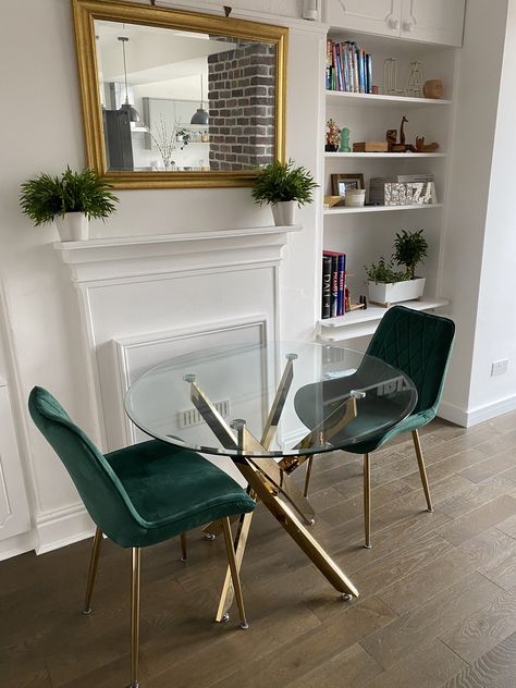 Glass Dining Table Green Chairs, Round Glass Dining Room Table Bohemian, Small Glass Kitchen Table, Round Glass Dining Room Table, Small Glass Dining Table, Green Velvet Dining Chairs, Glass Kitchen Table, Glass Dinning Table, Round Glass Dining Table