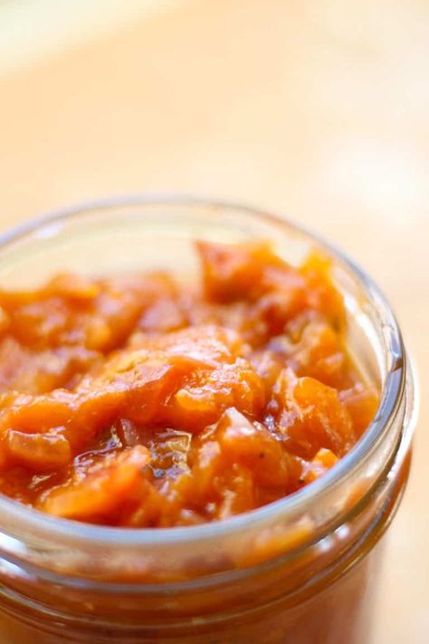 Quick Apricot Chutney Recipe. A super easy and quick chutney recipe that cooks up in just a few minutes. Apricots and brown sugar offer a sweet contrast to red onions, ginger and Indian spices. Apricot Chutney Recipes Fresh, Apricot Chutney, Indian Chutney, Mashed Parsnips, Apricot Recipes, Vegetarian Sandwich, Chutney Recipe, Red Onions, Dried Apricots