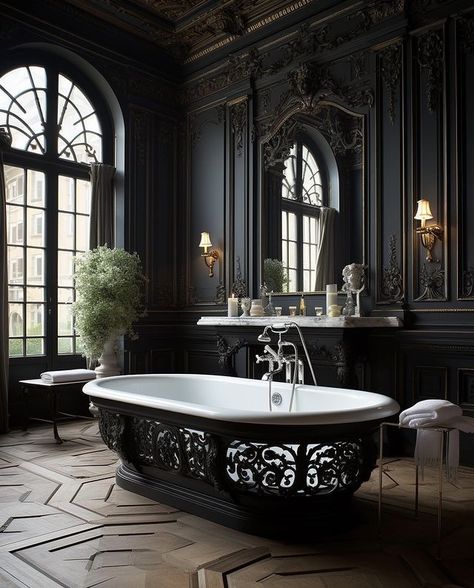 Gothic Bathroom, Dark Bathroom Ideas, Black Bathroom Decor, Gothic Interior, Dark Bathrooms, Dark Academia Decor, Bathroom Color Schemes, Victorian Bathroom, Bathroom Paint Colors