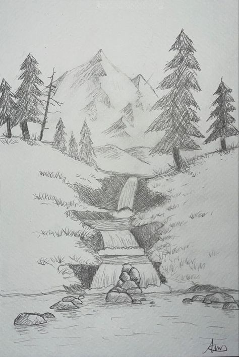 Beautiful Drawings Of Nature, Cool Landscape Drawings, Land Scape Drawing Reference, Waterfall Drawing Pencil, Mountain Waterfall Drawing, Landscape Sketch Pencil Nature, Mountain Sketch Landscapes, Drawings Landscaping, Island Drawing Simple