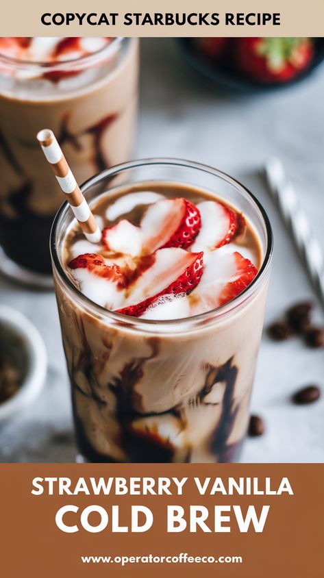 Taste: Sweet and fruity with creamy vanilla.
Ingredients: Cold brew, strawberry syrup, vanilla sweet cream. Starbucks Iced Coffee Drinks, Vanilla Cold Brew, Starbucks Flavors, Strawberry Coffee, Drinks To Try, Cold Brew At Home, Iced Coffee Drinks, Copycat Starbucks Recipes, Strawberry Syrup